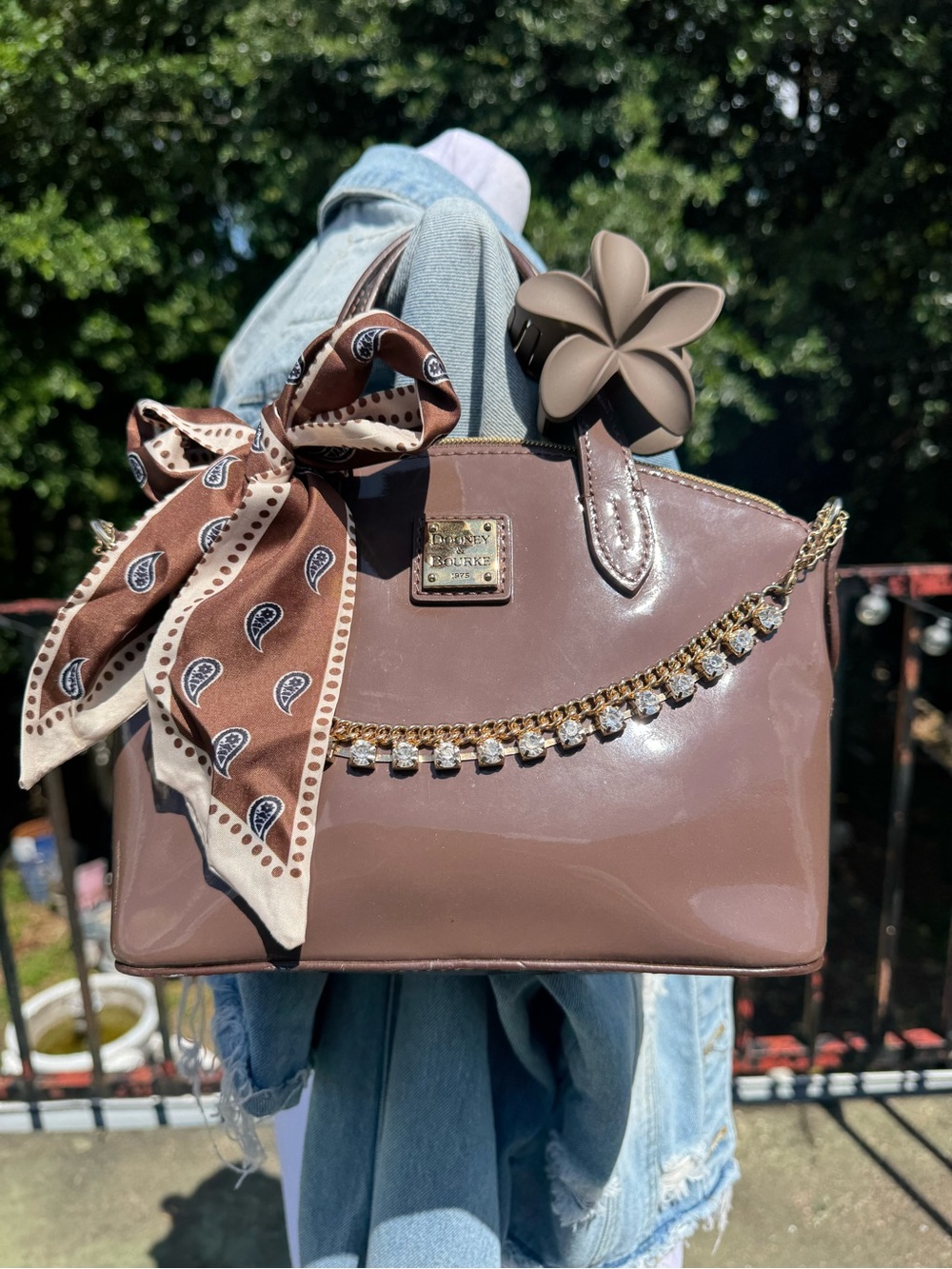 Dooney & Bourke Taupe Patent Satchel with Scarf Accent